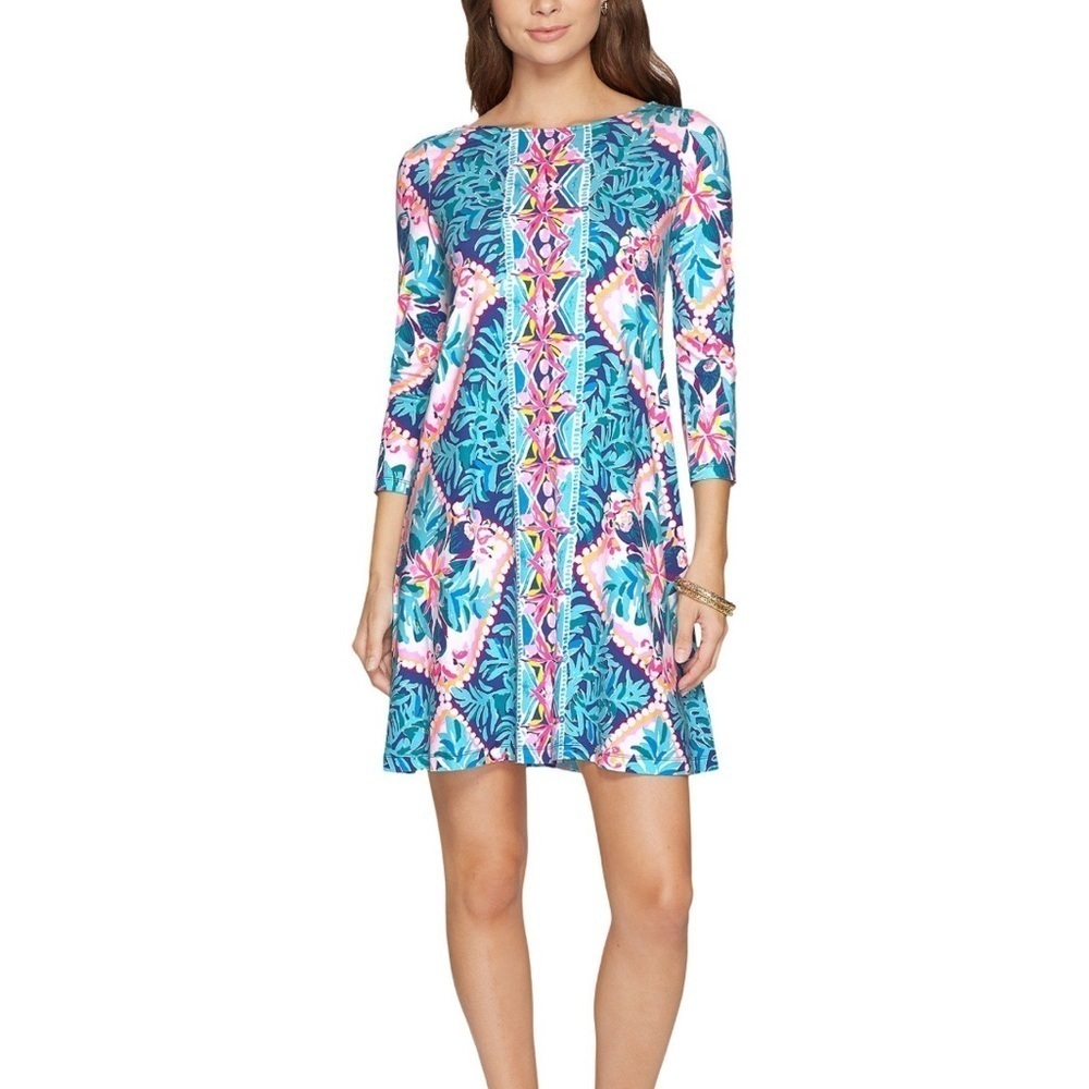 Lilly Pulitzer Blue Pink Ophelia 3/4 Sleeve Mini Dress Size XS‎
